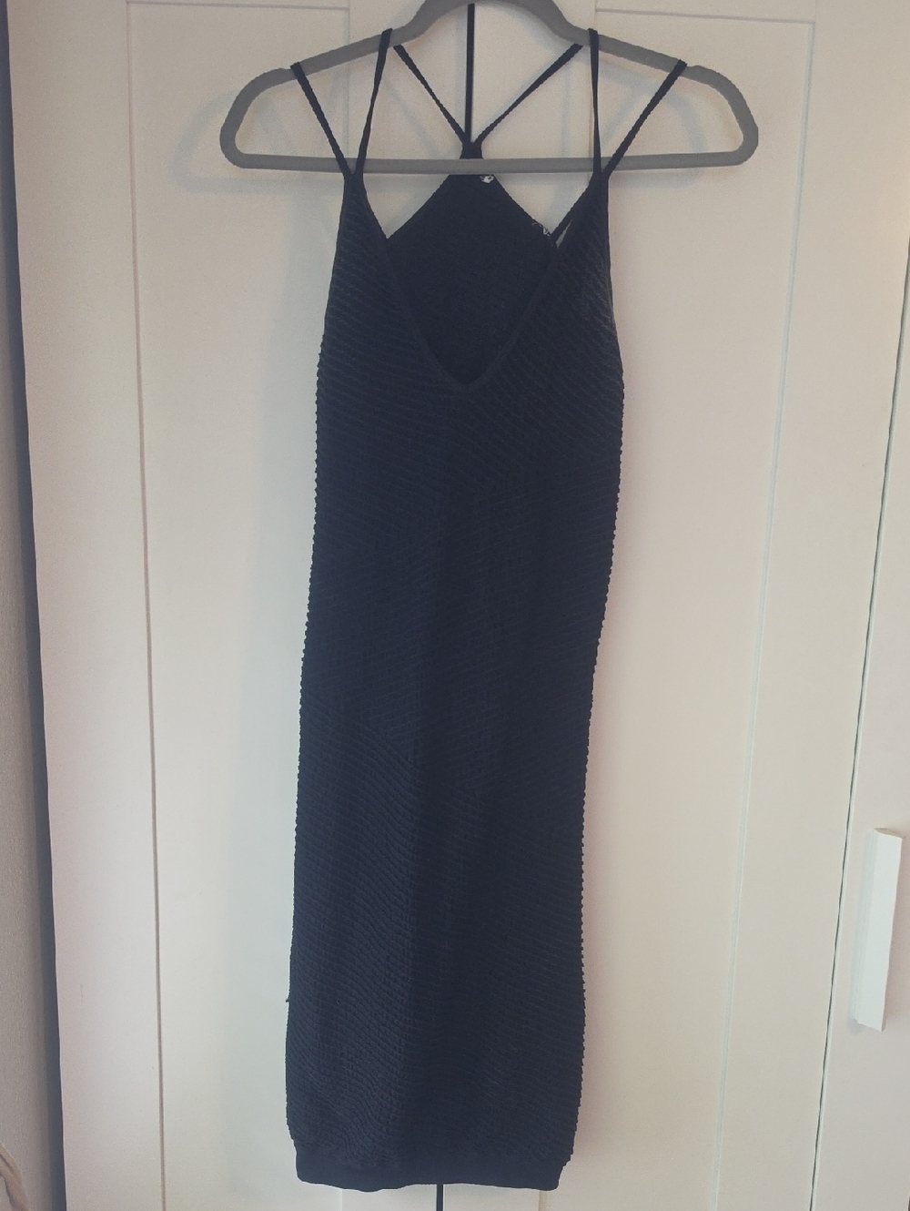 BCBGeneration Black Textured Midi Slip Dress with Strappy Back